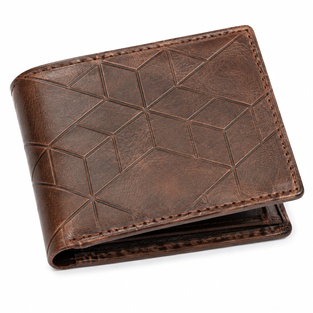 Portefeuille pliant 12 x 9.5 cm en similicuir marron à motif géométrique