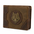 Portefeuille 12 x 9 x 2 cm en cuir marron pliant à motif loup