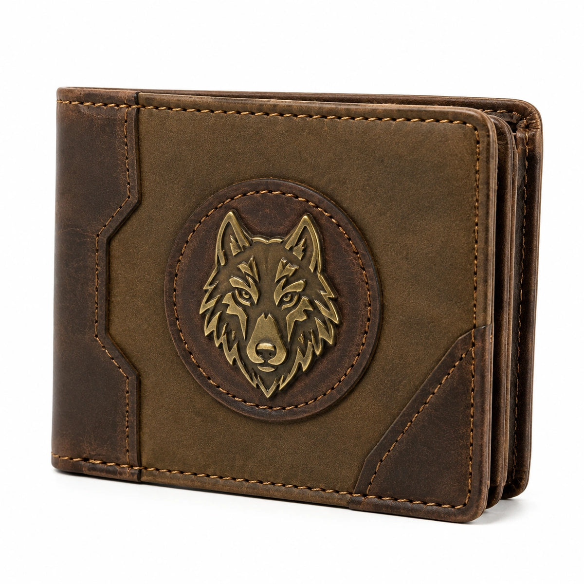 Portefeuille 12 x 9 x 2 cm en cuir marron pliant à motif loup