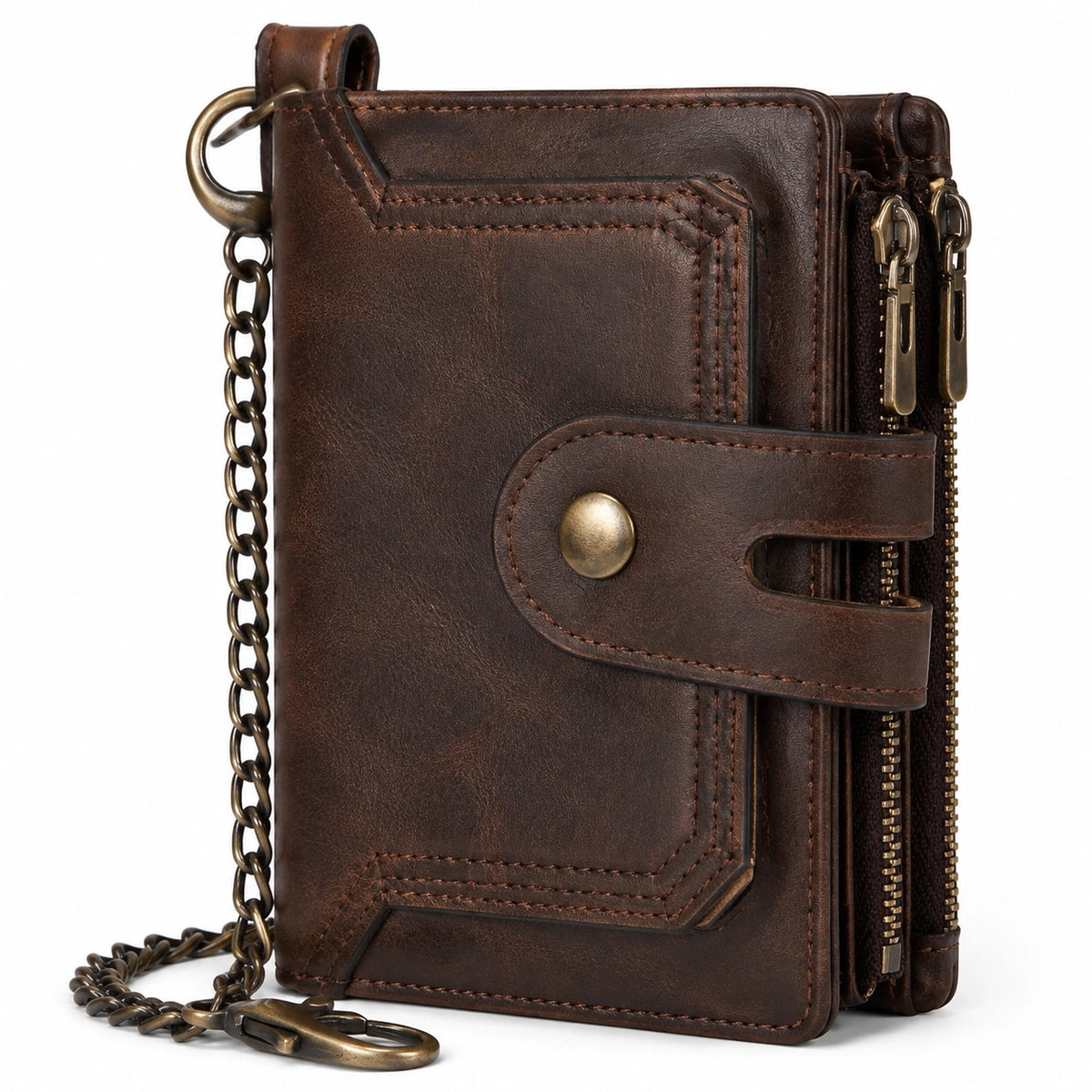 Portefeuille 12 x 10 x 3 cm en cuir brun avec chaîne fermeture zippée style vintage
