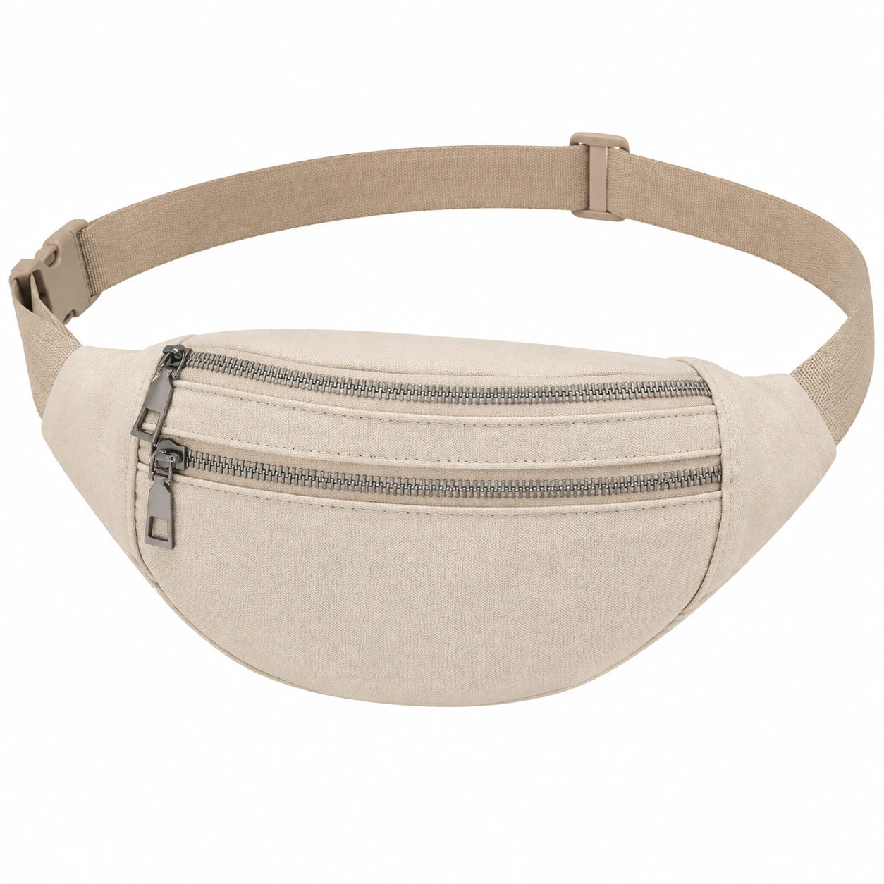 Sac banane taille réglable en toile beige à deux compartiments