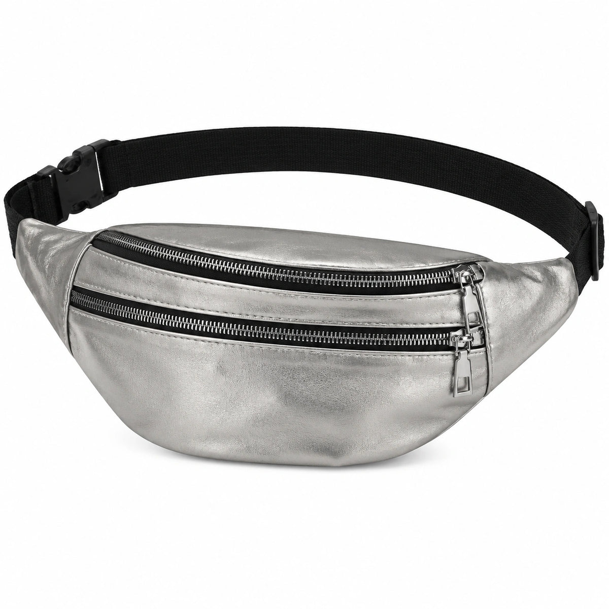 Sac banane 30 x 15 x 8 cm en similicuir argenté à double compartiment zippé