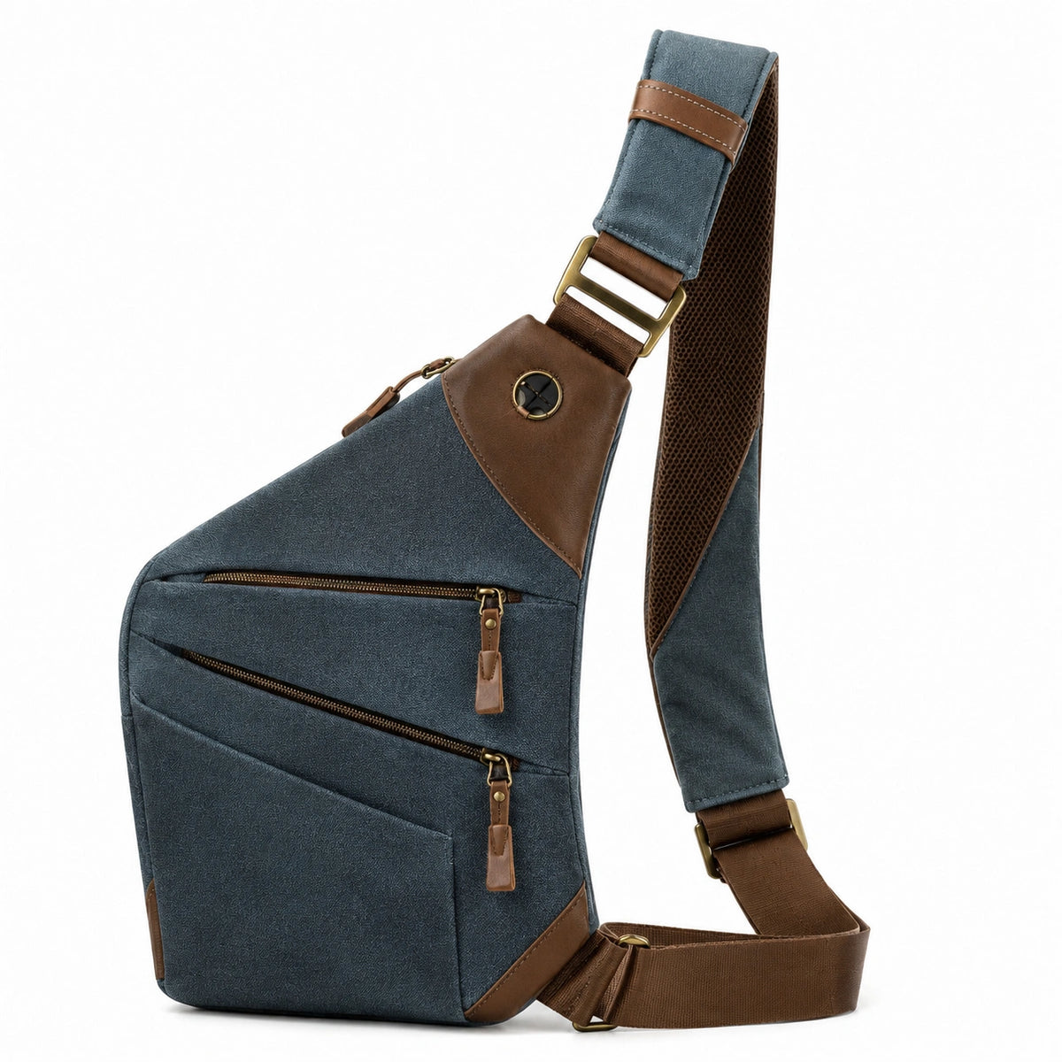 Sac bandoulière 30 cm textile bleu et similicuir marron à poches zippées