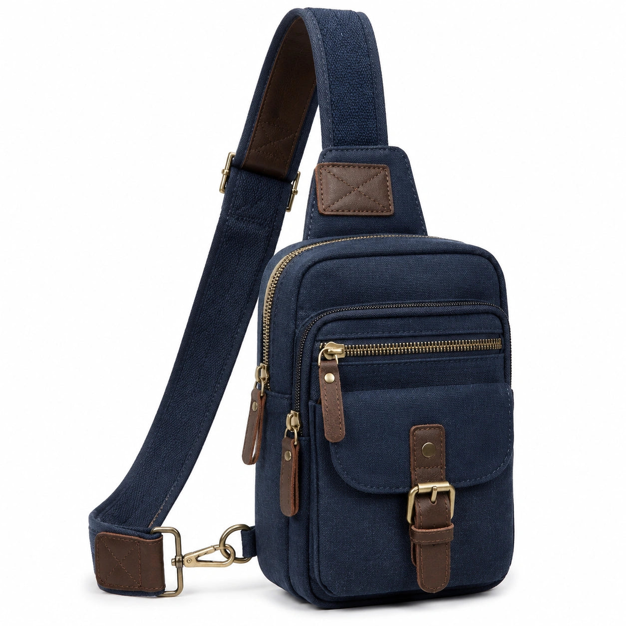 Sac bandoulière compact bleu marine en textile avec poches zippées et sangle réglable