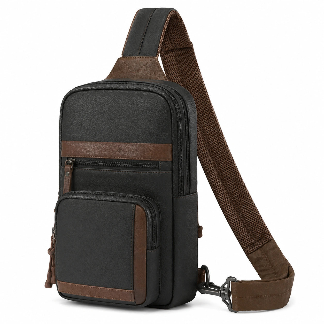 Sac bandoulière 18 x 8 x 31 cm en matière synthétique noir marron à compartiments pour usage quotidien