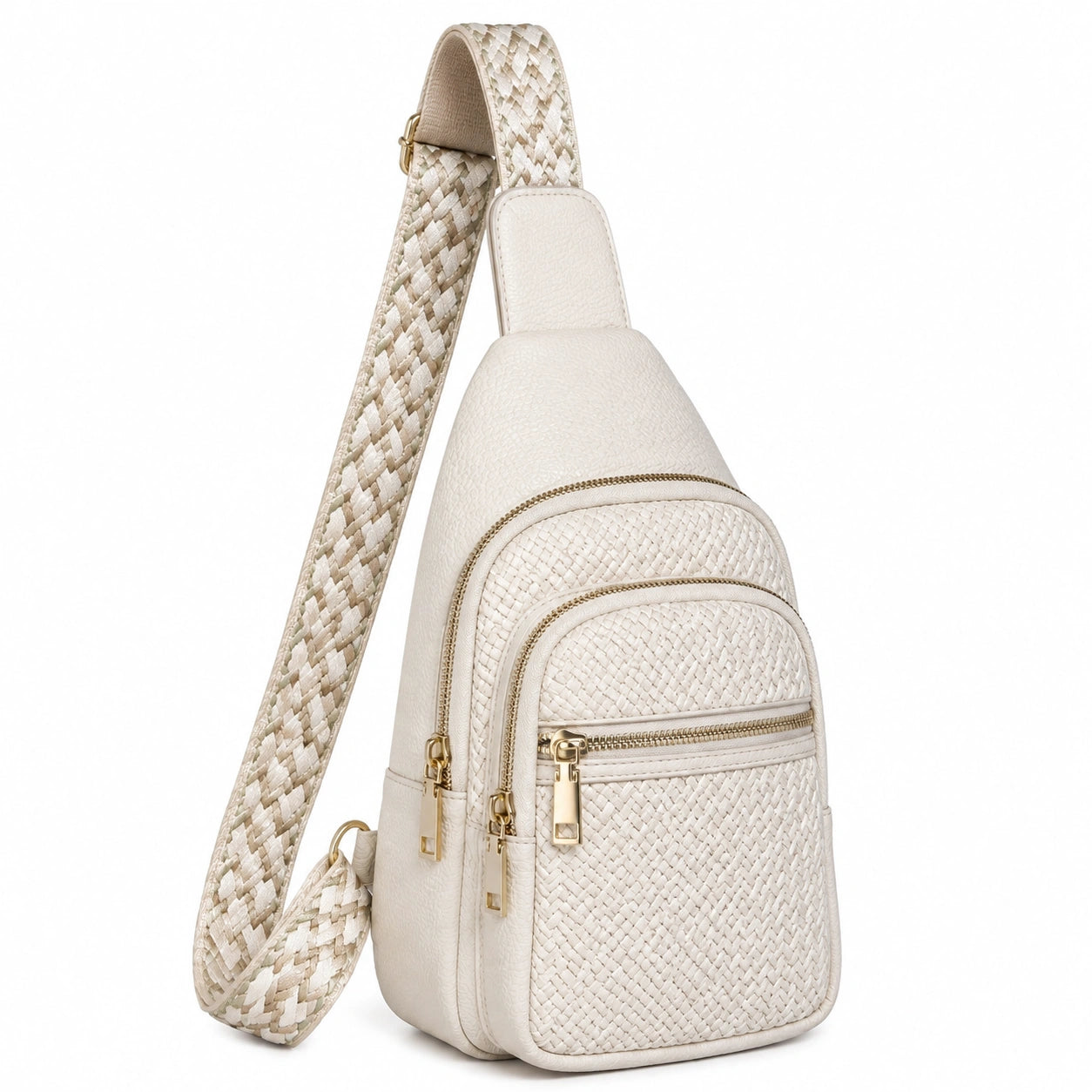 Sac bandoulière 18 x 10 x 32 cm beige en similicuir tressé à compartiments zippés