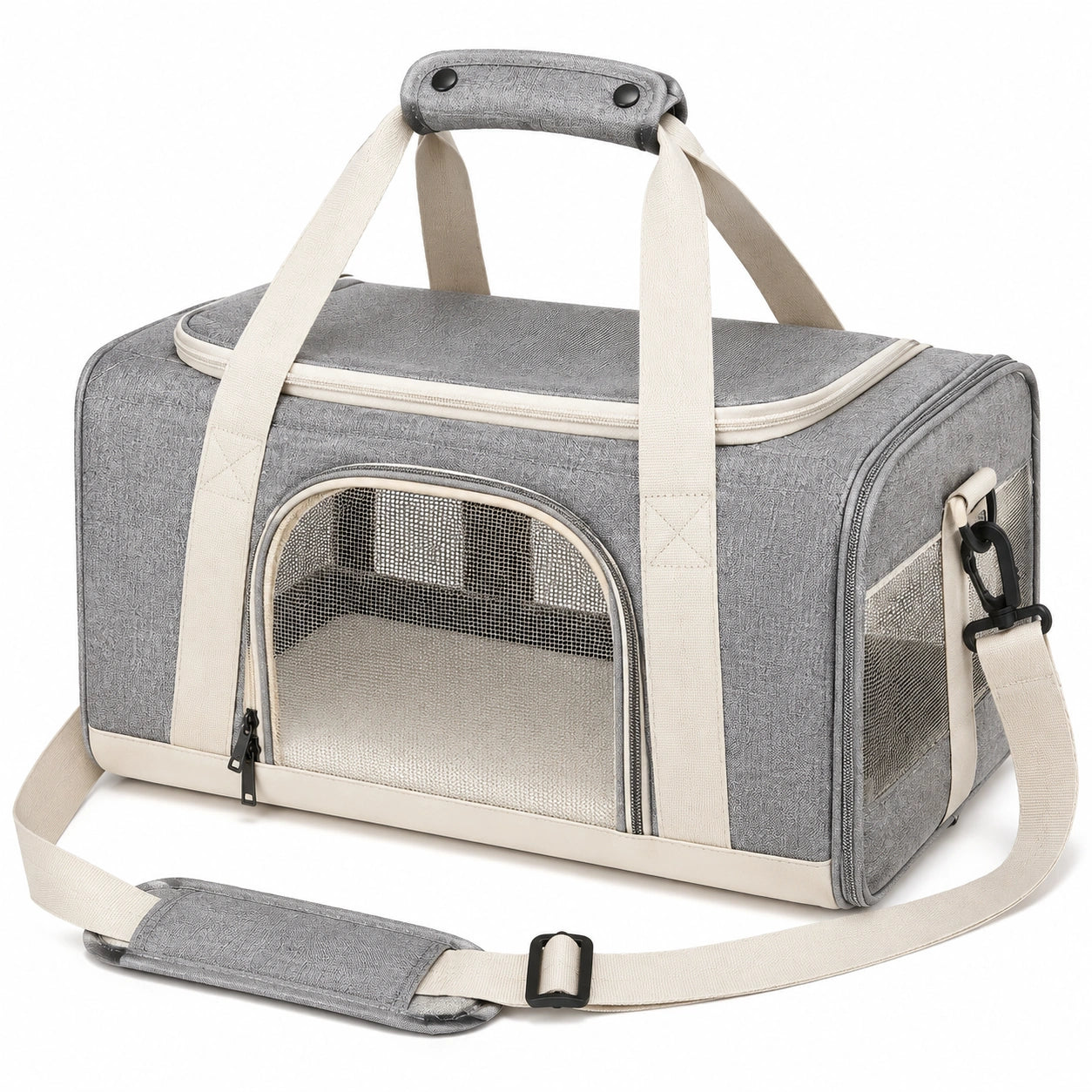 Sac de transport pour chien et chat 45 x 28 x 28 cm en textile gris avec fenêtres en maille
