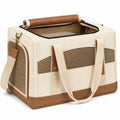 Sac de transport pour animal 45 x 28 x 30 cm en toile beige et simili cuir marron avec panneaux en maille