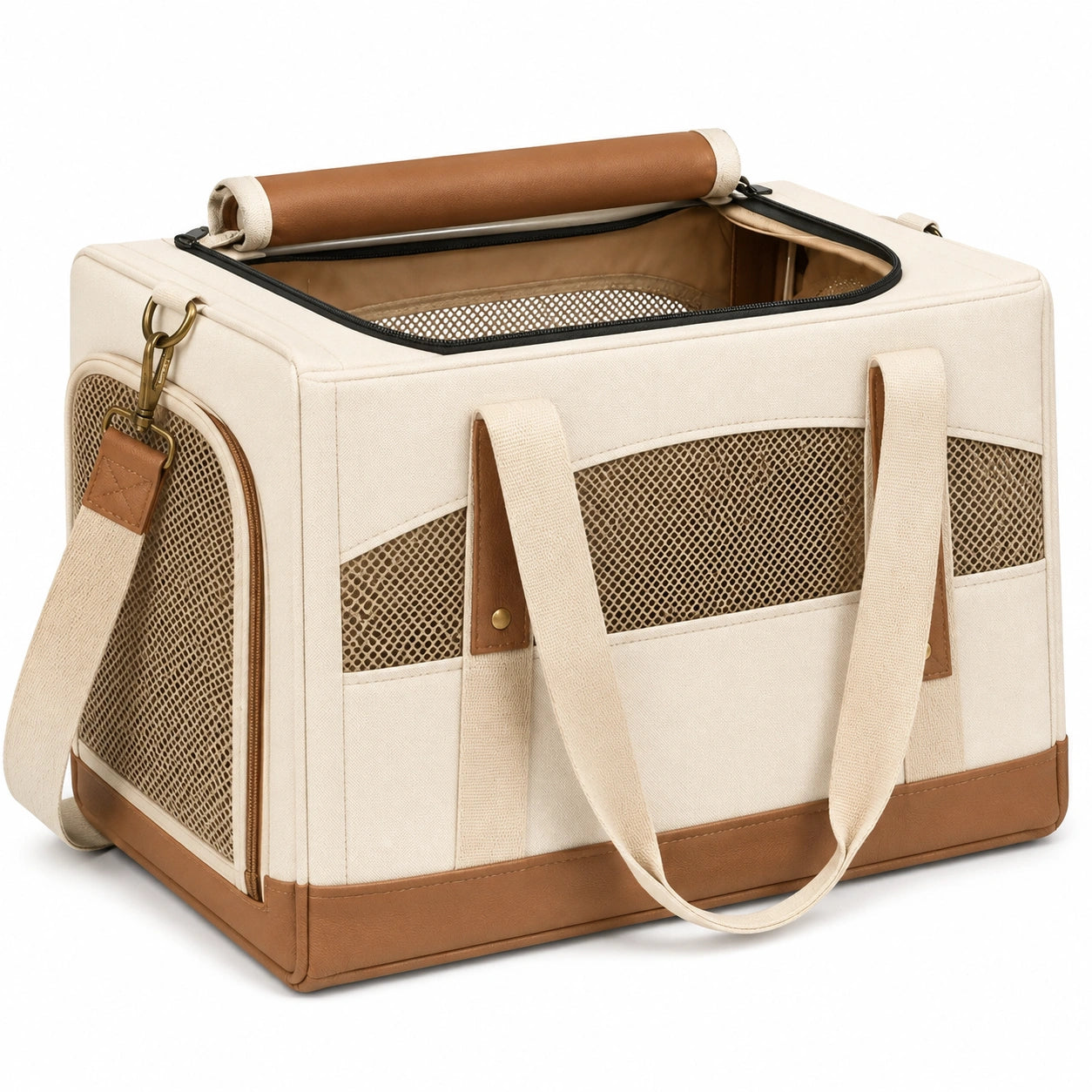 Sac de transport pour animal 45 x 28 x 30 cm en toile beige et simili cuir marron avec panneaux en maille