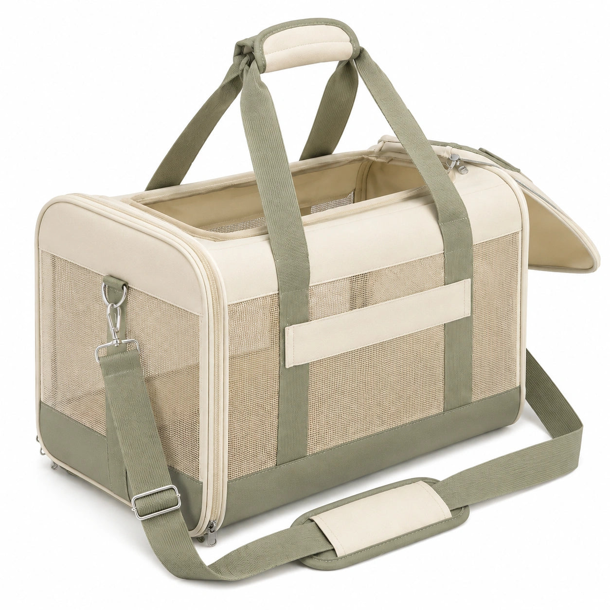 Sac de transport pour animal 45 cm en textile beige et vert avec panneaux respirants