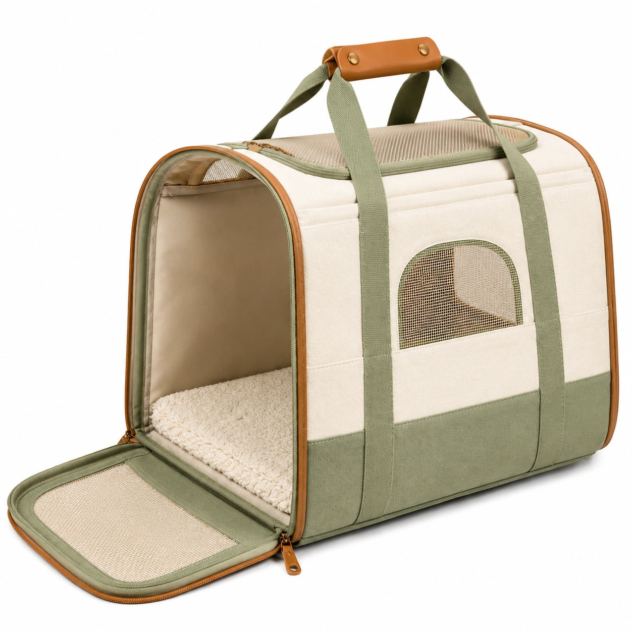 Sac de transport pour animaux 45 x 28 x 30 cm en tissu beige et vert avec maille ventilée
