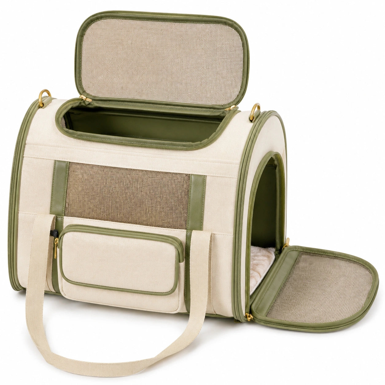 Sac de transport pour animaux 43 x 28 x 30 cm textile beige vert olive à panneaux en maille avec poignées