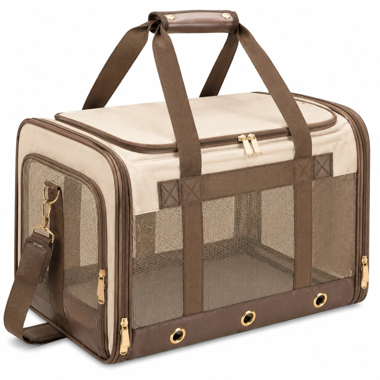 Sac de transport pour animaux 50 x 30 x 30 cm en tissu beige et marron avec panneaux en maille