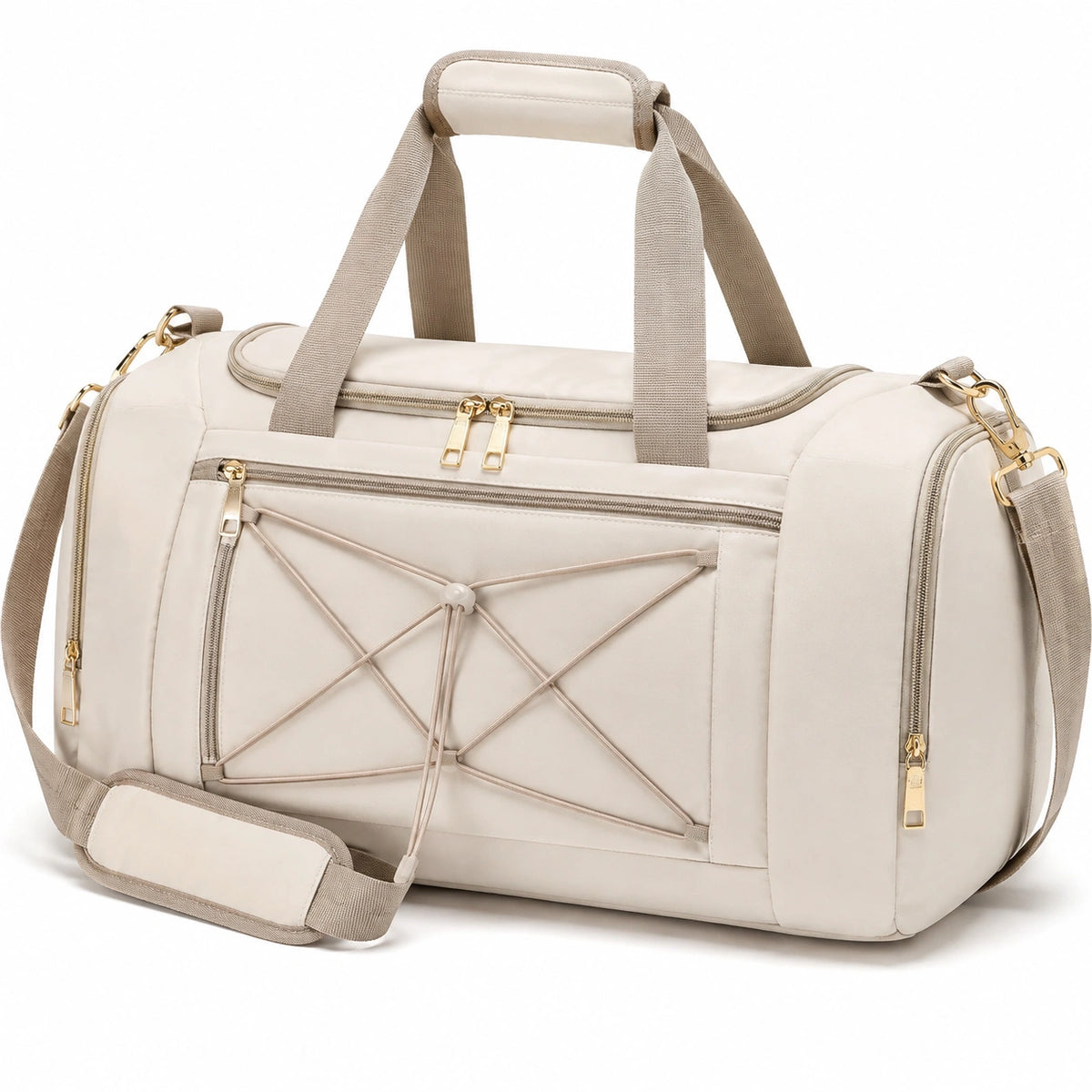Sac de sport 48 x 25 x 28 cm en similicuir beige à bandoulière avec poches