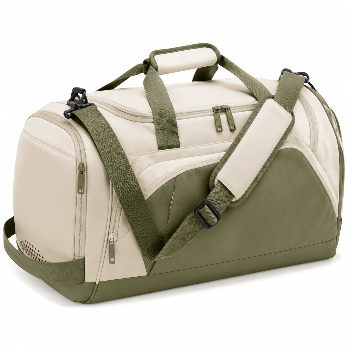 Sac de sport 50 x 25 x 28 cm en tissu synthétique beige et vert avec bandoulière réglable