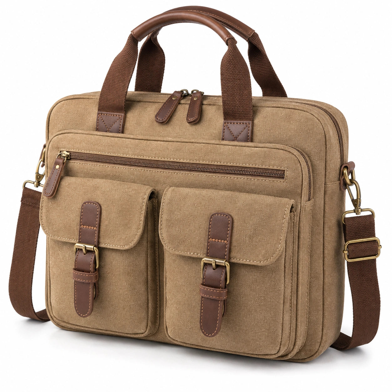 Sacoche ordinateur 40 cm en toile marron avec bandoulière réglable