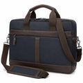 Sacoche pour ordinateur portable 40 x 30 x 8 cm en tissu bleu marine et similicuir marron avec bandoulière amovible