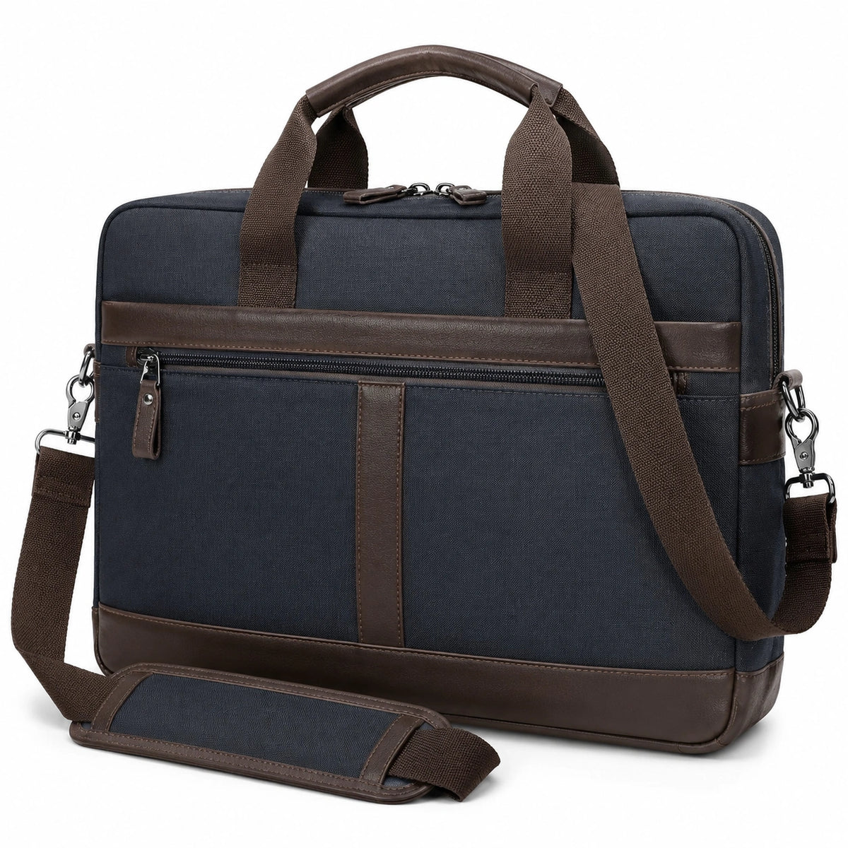 Sacoche pour ordinateur portable 40 x 30 x 8 cm en tissu bleu marine et similicuir marron avec bandoulière amovible