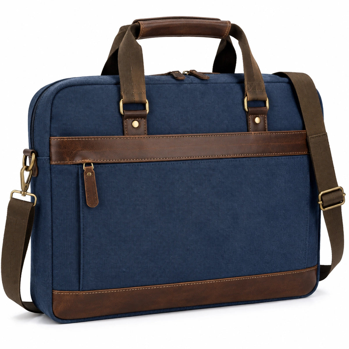 Sacoche ordinateur 40 x 30 x 10 cm en toile bleu marine et similicuir marron - bandoulière réglable