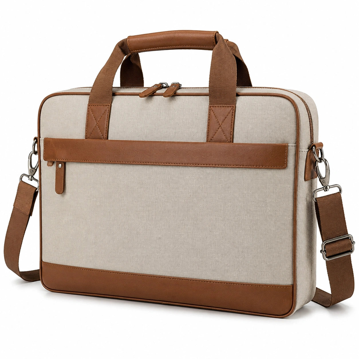 Sacoche ordinateur portable 15.6 pouces en tissu beige et similicuir marron - bandoulière amovible